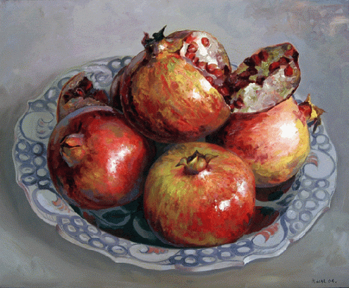 Ismail-Acar_120x112cm,-Pomegranates-in-plate,-oil-on-canvas,--2005
